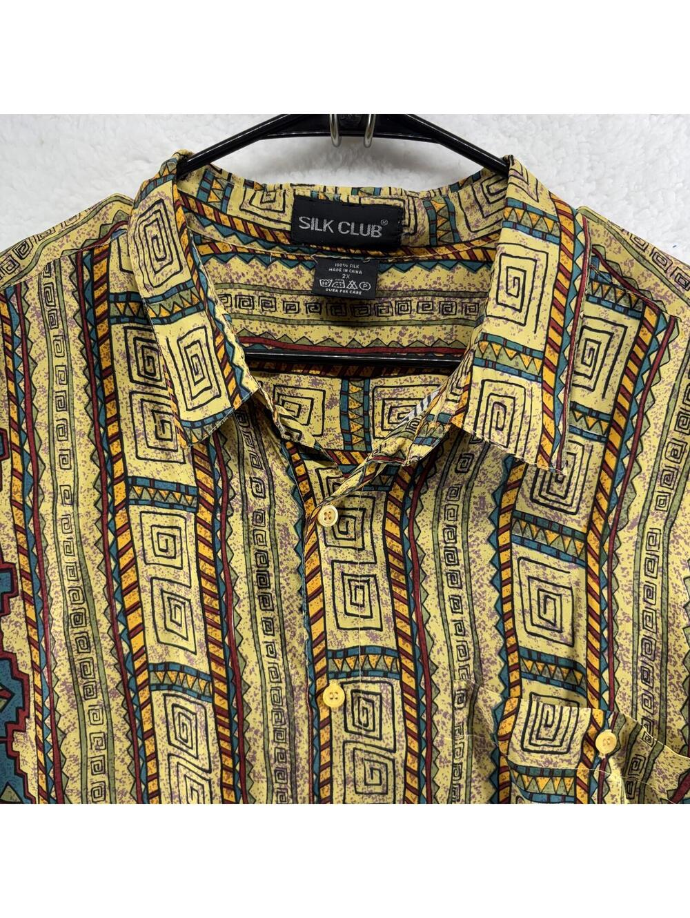 Silk Club 100% Silk Button Up Hawaiian Shirt Mens 2X Short Sleeve Geometric